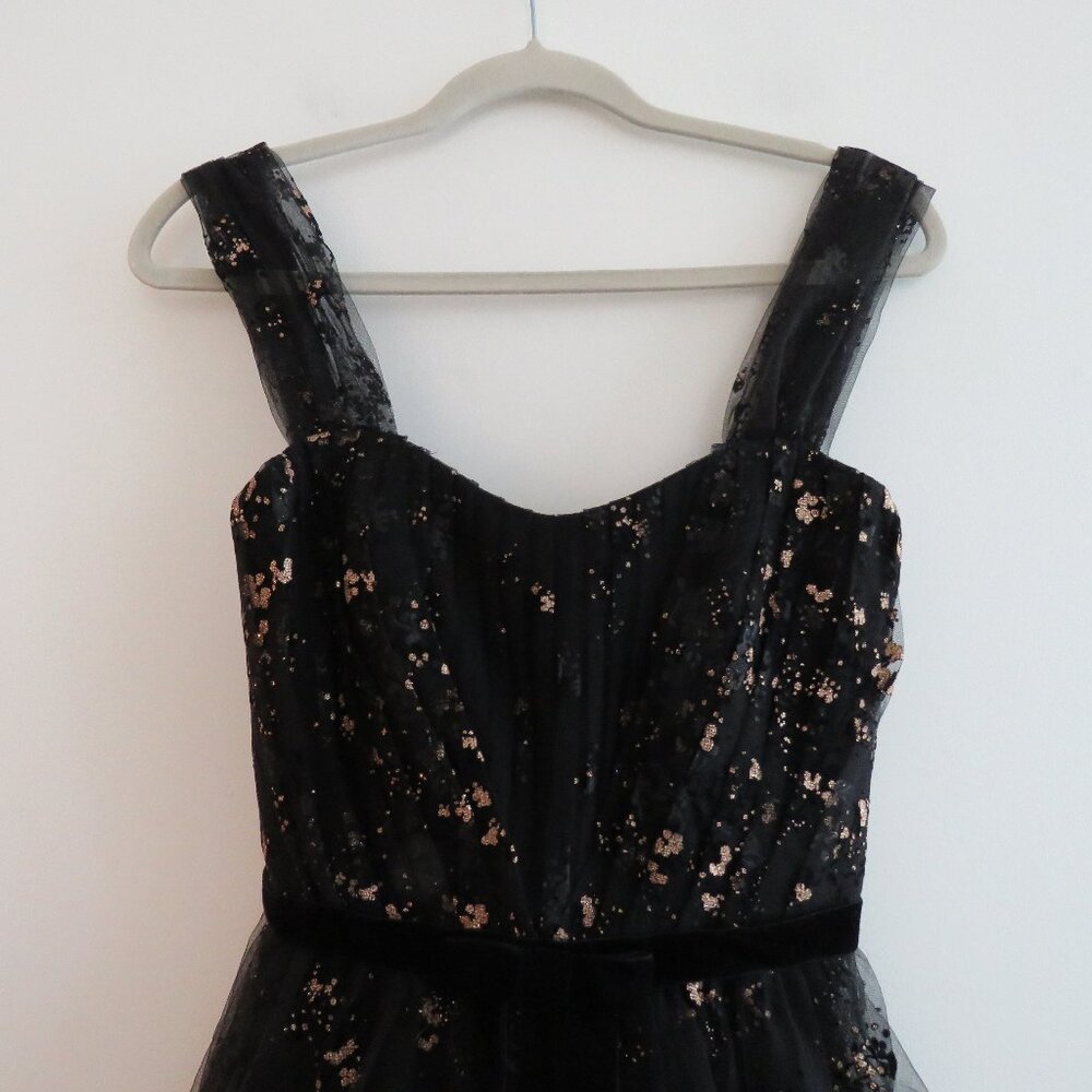 MARCHESA NOTTE Flocked Glitter Tulle Tea Length Dress Black Gold - Size 4 - Picture 5 of 15